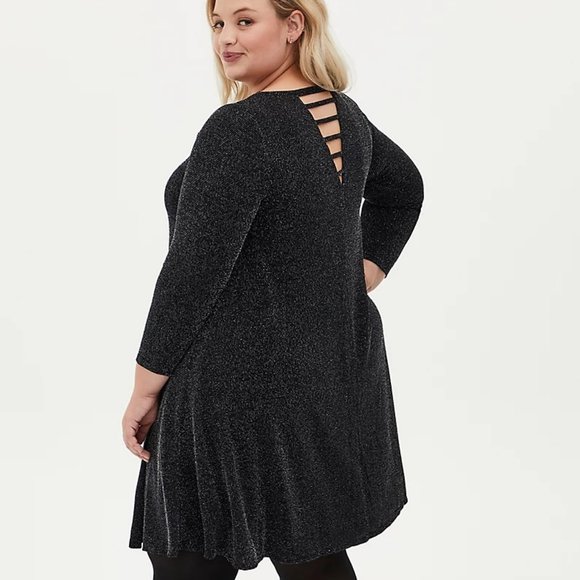 TORRID Black Shimmer Jersey Ladder Neck Mini Trapeze Dress - Picture 1 of 6